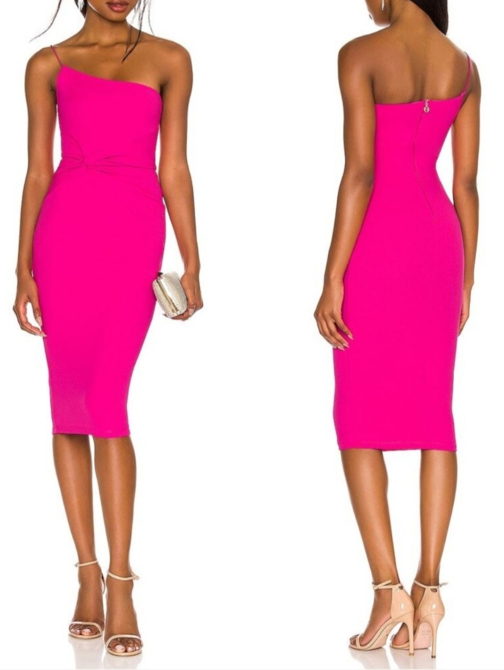 Nookie Lust One Shoulder Hot Pink Twist-Front Midi Dress Size XS